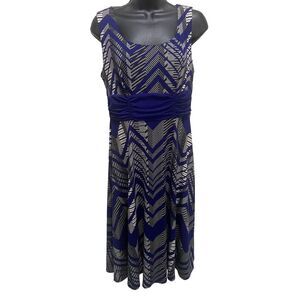 Perceptions New York Chevron Black White Blue Fit & Flare Dress SZ Small‎